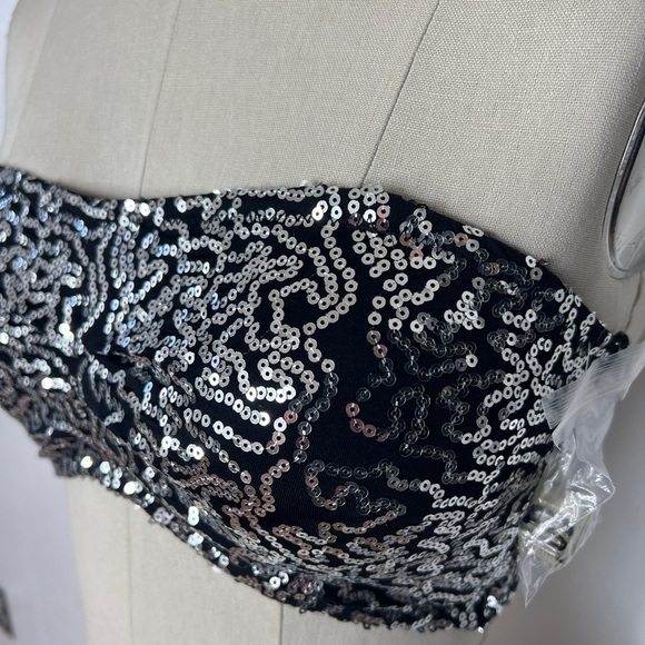 New vintage retro silver sparkle sequin black stretch bralette top M - Picture 3 of 6